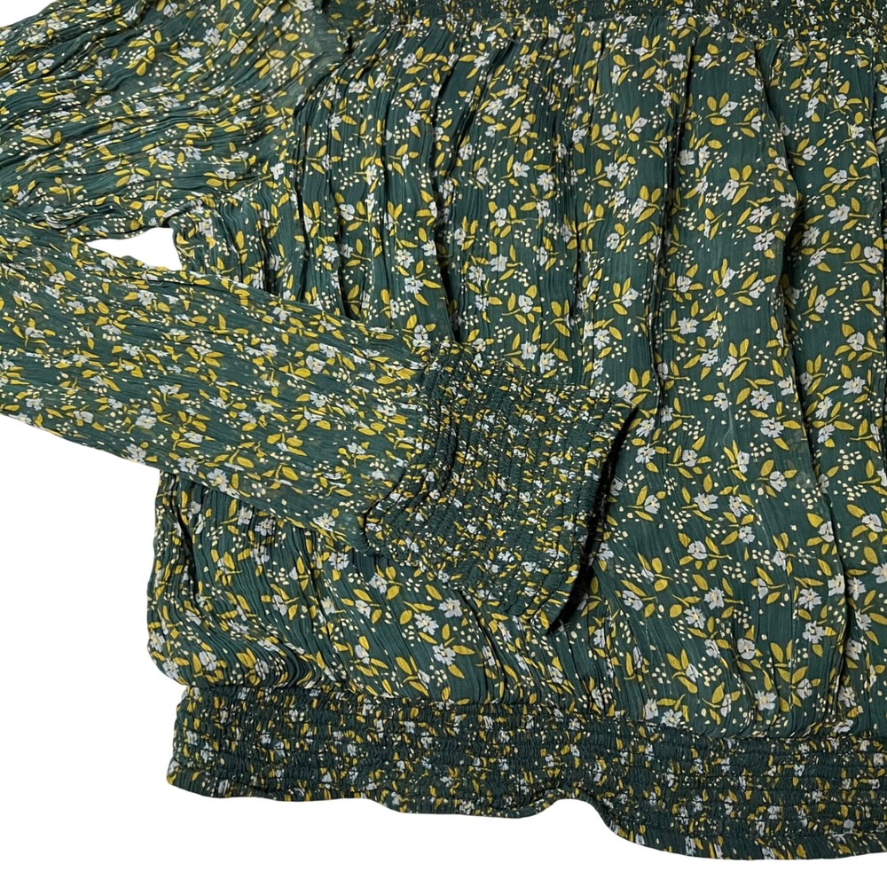 Free People Floral Smocked Crinkle Blouse Green Long Sleeve Ruffle Top XL - Picture 2 of 10